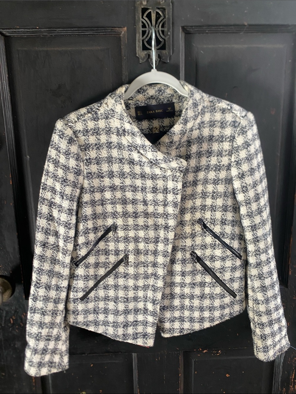 Zara Cream & Navy Checked Tweed Collarless Jacket
